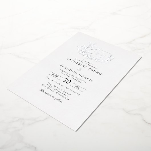 Verfijnde Geborstelde Monogram Bruiloft Folie Uitnodiging (Gedraaid)