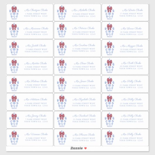 Verfijnde Ginger Jar Red Bow Vakantiekaarten Adres Sticker (Vel)