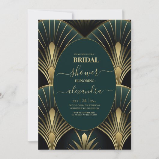 Verfijnde Groene en Gouden Art Deco Bridal Kaart (Voorkant)