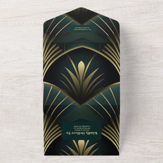 Verfijnde Groene en Gouden Art Deco Bruiloft All In One Uitnodiging (Buitenkant)