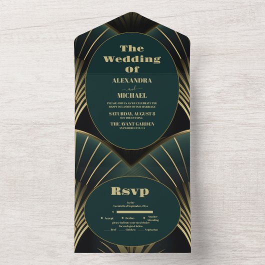 Verfijnde Groene en Gouden Art Deco Bruiloft All In One Uitnodiging (Binnen)