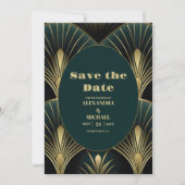 Verfijnde Groene en Gouden Art Deco Bruiloft Save The Date (Voorkant)
