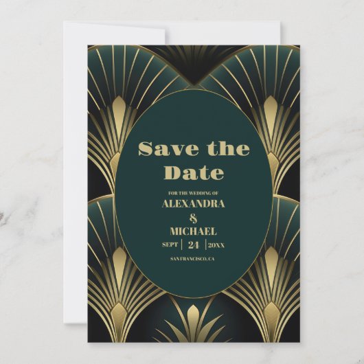 Verfijnde Groene en Gouden Art Deco Bruiloft Save The Date (Voorkant)
