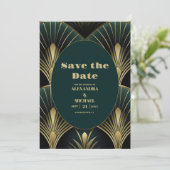 Verfijnde Groene en Gouden Art Deco Bruiloft Save The Date (Staand voorkant)