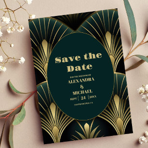 Verfijnde Groene en Gouden Art Deco Bruiloft Save The Date
