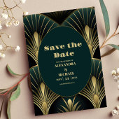 Verfijnde Groene en Gouden Art Deco Bruiloft Save The Date