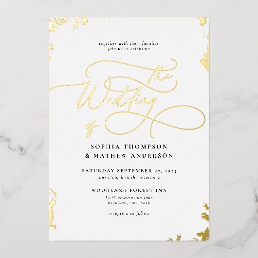 Verfijnde kalligrafie Ivoor Wit Goud Bruiloft Folie Uitnodiging (Voorkant)