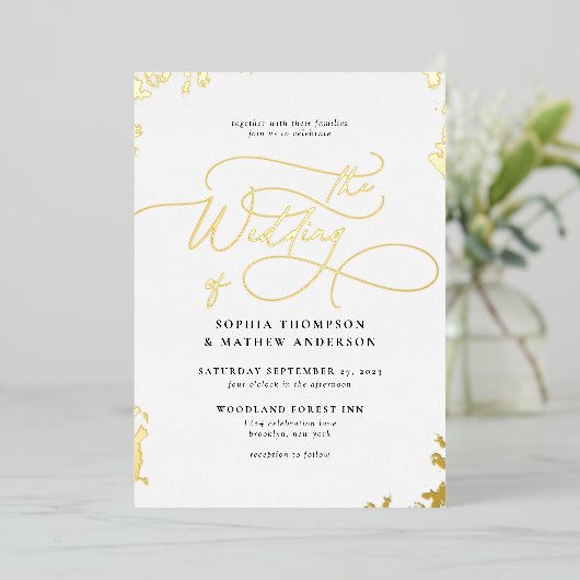 Verfijnde kalligrafie Ivoor Wit Goud Bruiloft Folie Uitnodiging (Staand Voorkant)