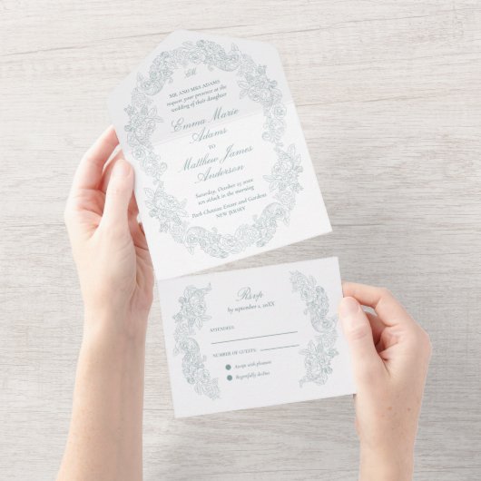 Verfijnde Klassieke Script Blauwe Regency Bruiloft All In One Uitnodiging (Afscheurbaar)