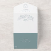 Verfijnde Klassieke Script Dusty Blue Wedding All In One Uitnodiging (Buitenkant)