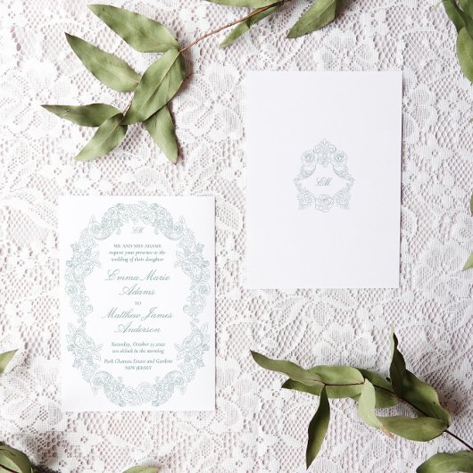 Verfijnde Klassieke Script Dusty Blue Wedding Kaart