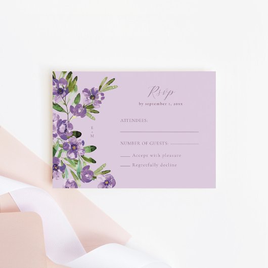 Verfijnde klassieke Violet Floral Wedding RSVP Kaartje