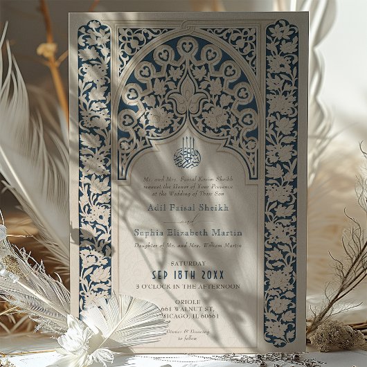 Verfijnde Marine en Crème Islamitische Kant Bruilo Kaart
