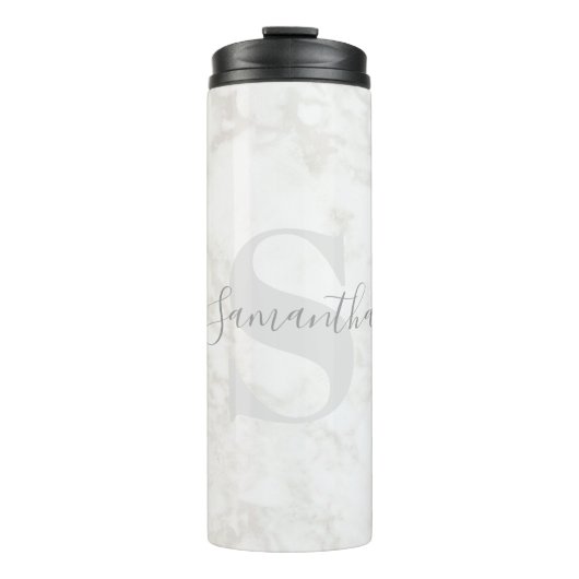 Verfijnde marmer met monogram en naam grijs thermosbeker (Voorkant)