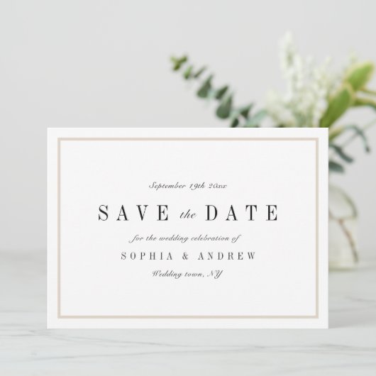Verfijnde minimalistische bruiloft bespaart de dat save the date (Staand voorkant)