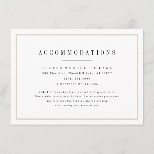 Verfijnde minimalistische huwelijksaccommodaties informatiekaartje (Voorkant)