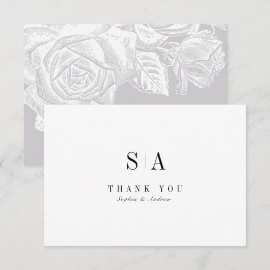 Verfijnde minimalistische monogram zwart-wit bedankkaart (Voorkant / Achterkant)