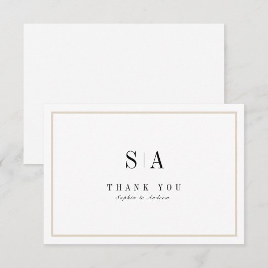 Verfijnde minimalistische monogram zwart-wit bedankkaart (Voorkant / Achterkant)