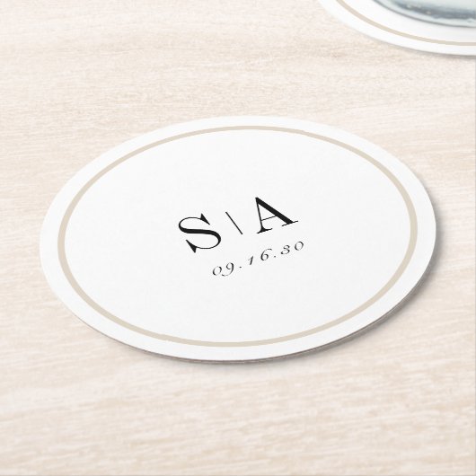 Verfijnde minimalistische monogram zwart-wit ronde kartonnen onderzetter (Gebogen)