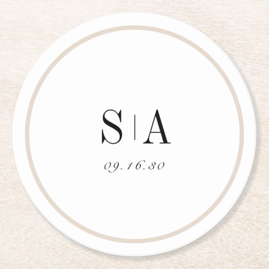 Verfijnde minimalistische monogram zwart-wit ronde kartonnen onderzetter (Voorkant)