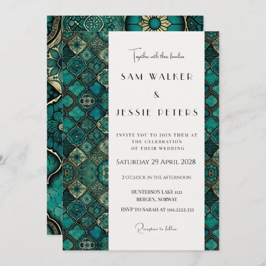 Verfijnde Moderne Groene Patroon Bruiloft Kaart (Voorkant / Achterkant)