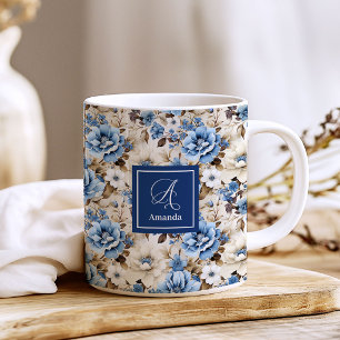 Verfijnde Navy Blauwe Bloemen Persoonlijk Gemaakt Koffiemok