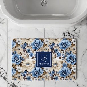 Verfijnde Navy Blauwe Bloemen Persoonlijke Badkame Badmat
