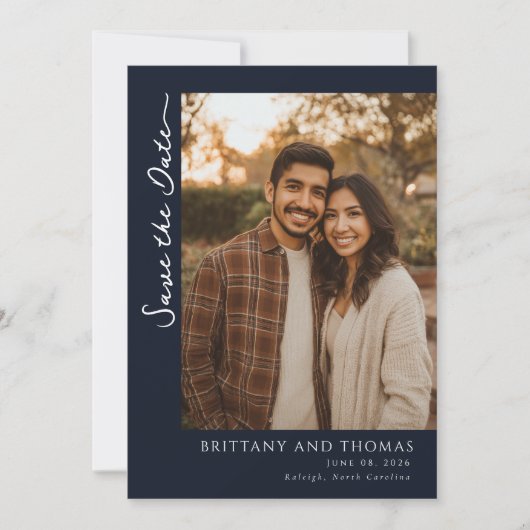 Verfijnde Navy Minimalistische Foto Save The Date (Voorkant)