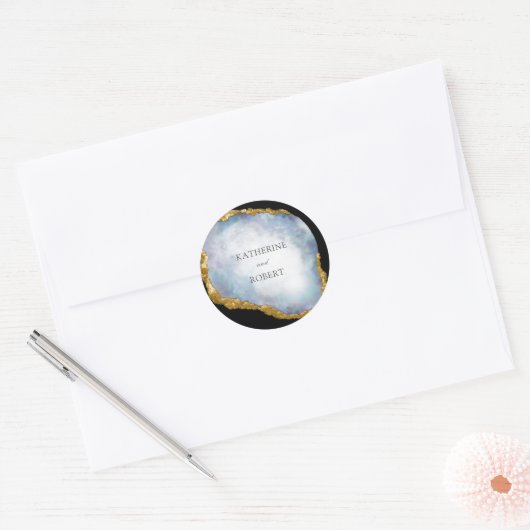 Verfijnde Parel Gouden Agaat Monogram Bruiloft Ronde Sticker (Envelop)