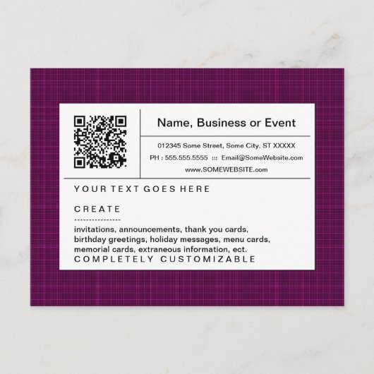 verfijnde QR-code: magenta plaid Uitnodiging Briefkaart (Voorkant)