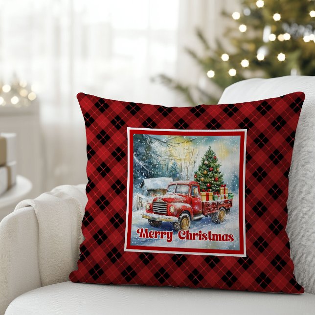 Verfijnde rode vrachtwagen vakantietaferelen rusti kussen (Refined red truck holiday scene rustic red green pillow

)