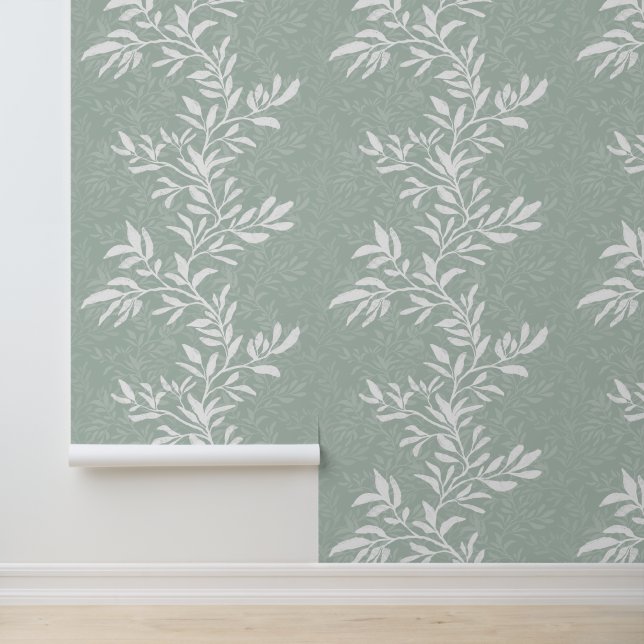 Verfijnde saliegroene botanische bladwingerdsilhou behang (Applicatie)