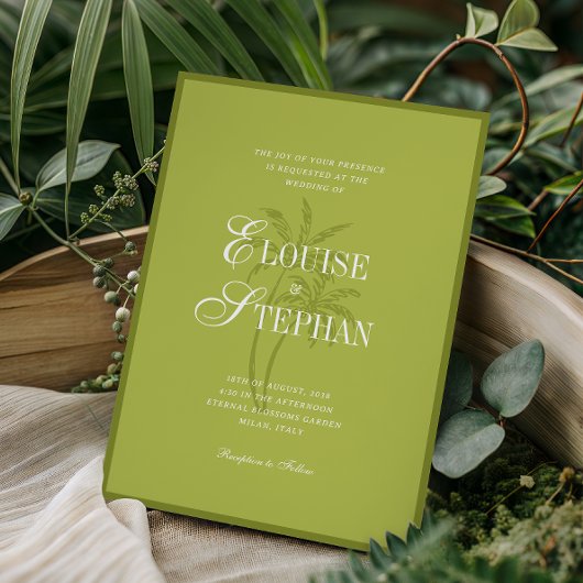 Verfijnde Script Palmboom Groen Strand Bruiloft Kaart