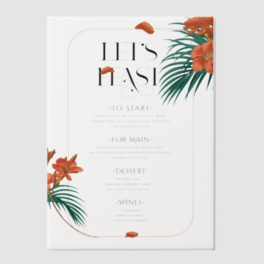 Verfijnde Tropische Bloemen Bruiloft Menu Vellum Uitnodigingen (Voorkant)