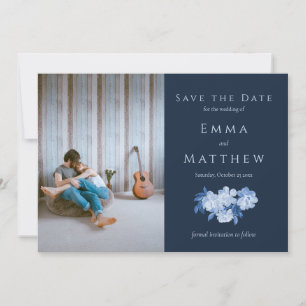 Verfijnde Waterverf Bloemen Blauw QR & Foto Save The Date