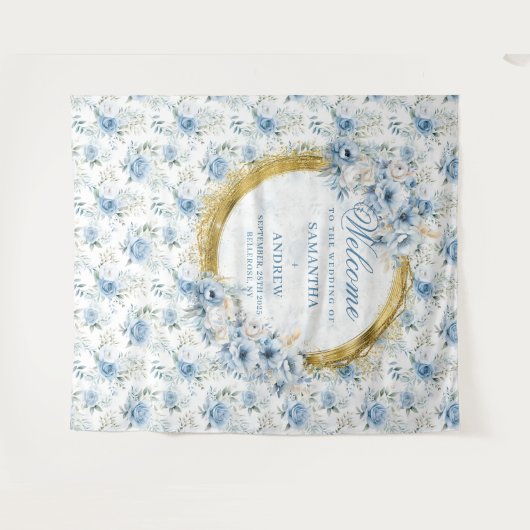 Verfijnde Waterverf Stofblauwe Gouden Trouwdag Wandkleed (Voorkant (horizontaal))