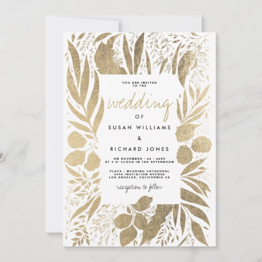 Verfijnde witte bladgoudflorale bruiloft kaart (Voorkant)