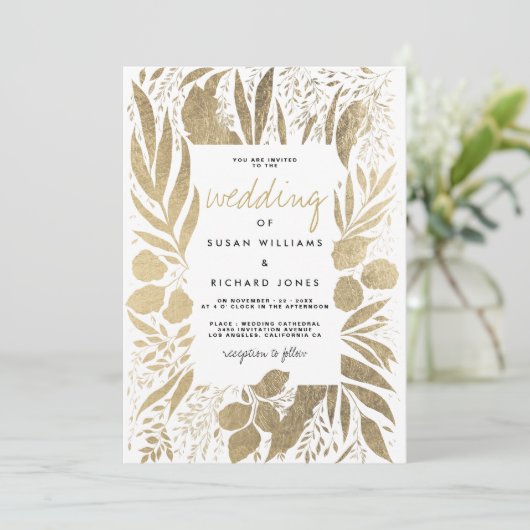 Verfijnde witte bladgoudflorale bruiloft kaart (Staand voorkant)