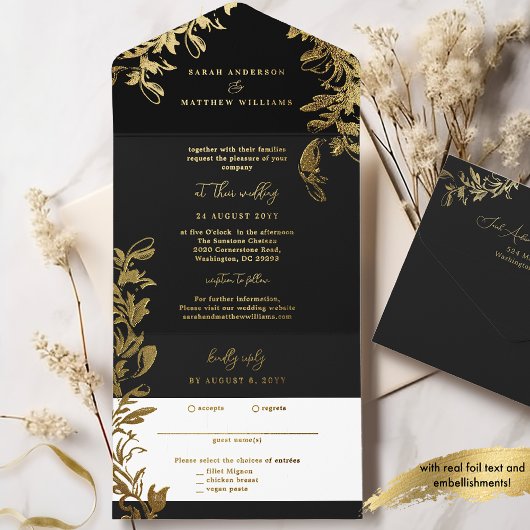 Verfijnde zwarte en gouden folieblaadjes all in one uitnodiging