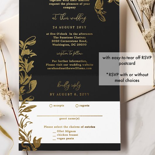 Verfijnde zwarte en gouden folieblaadjes all in one uitnodiging