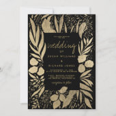 Verfijnde zwarte goudbladerbloembruiloft kaart (Voorkant)