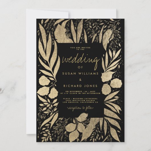 Verfijnde zwarte goudbladerbloembruiloft kaart (Voorkant)