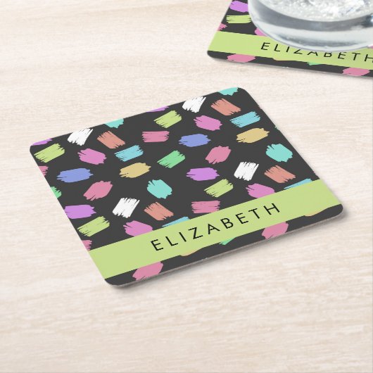 verfkwast, kleurrijke penseelstreken, Jouw naam Kartonnen Onderzetters (Schuin)