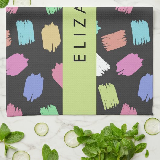 verfkwast, kleurrijke penseelstreken, Jouw naam Theedoek (Gevouwen)