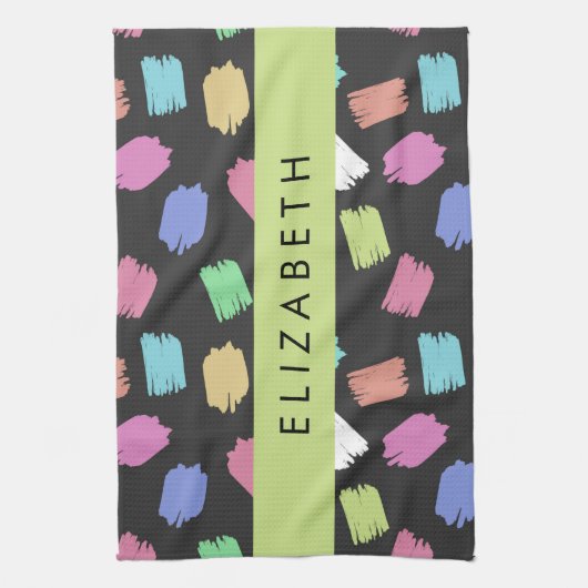 verfkwast, kleurrijke penseelstreken, Jouw naam Theedoek (Verticaal)