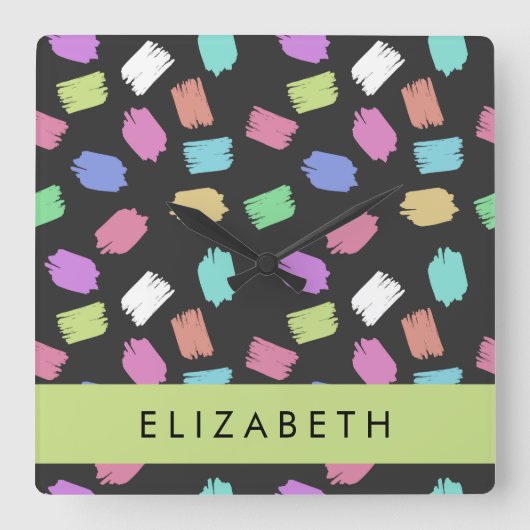 verfkwast, kleurrijke penseelstreken, Jouw naam Vierkante Klok (Voorkant)