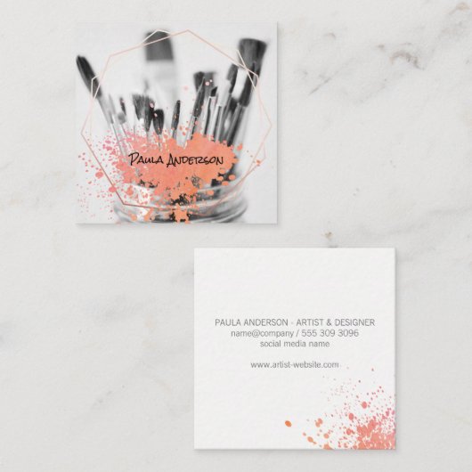 Verfkwasten | Spatten | Artistiek | Geometrisch Vierkante Visitekaartje (Voorkant / Achterkant)