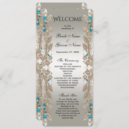 Verfraaien Gold Blue Stones Wedding Program Programmakaart (Voorkant / Achterkant)