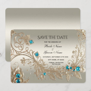 Verfraaien van goudblauwe stenen slaan de datum op save the date