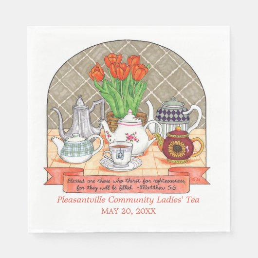 Verfrissende theepotten en tulpen Koraal Tea Party Servet (Voorkant)